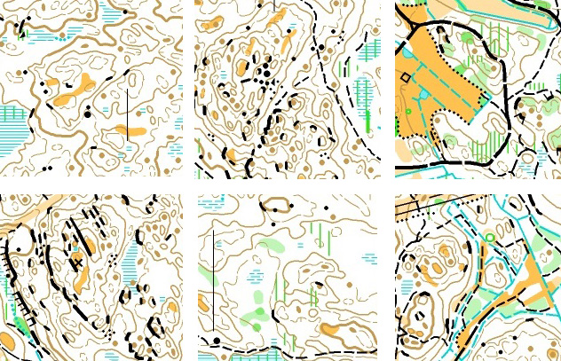 Sex stycken kartklipp som visar olika terrängtyper